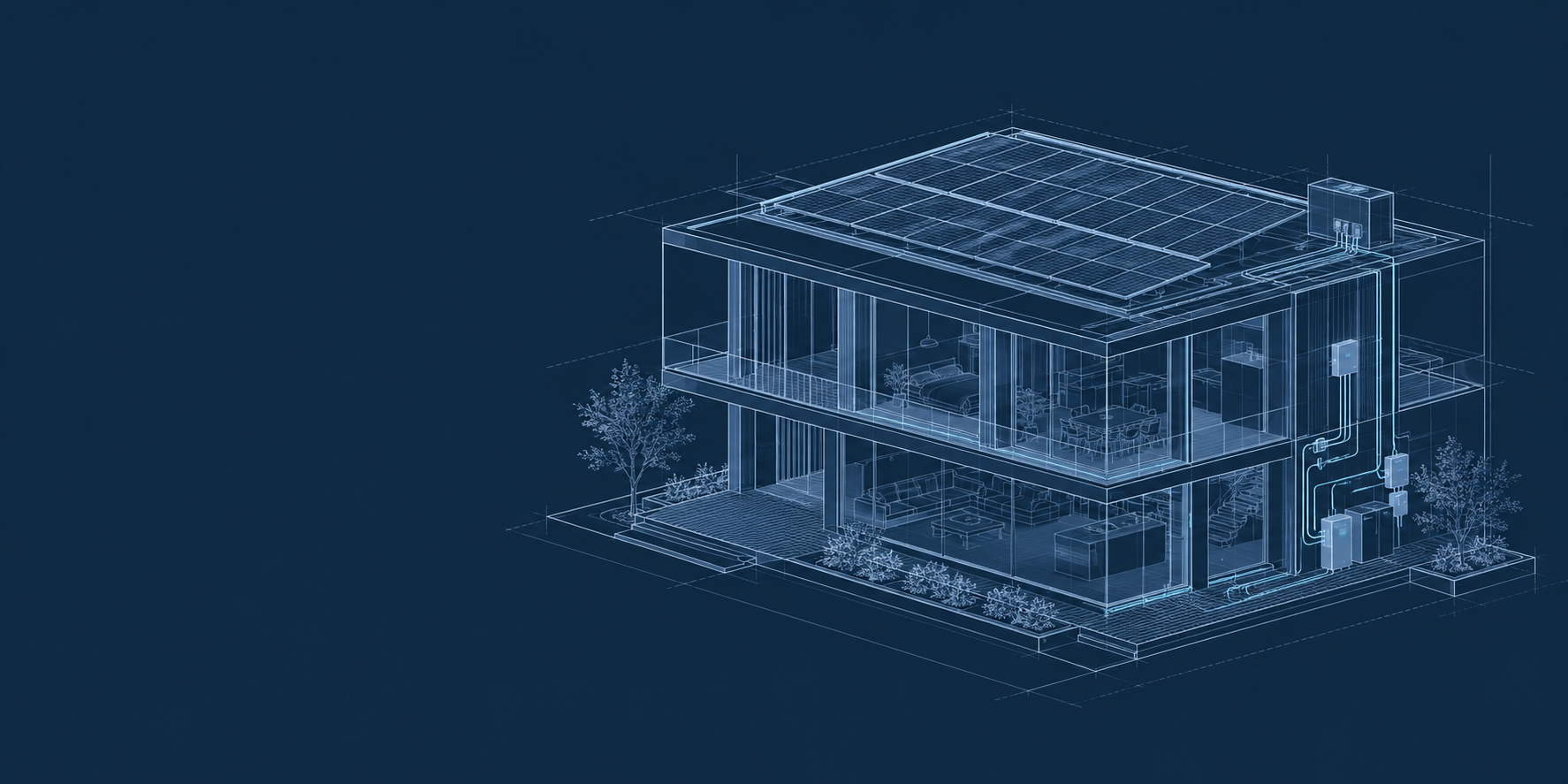 Ilustración técnica conceptual de una edificación con integración solar